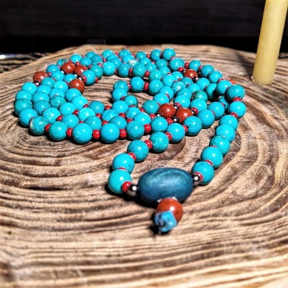 Hand-made Turquoise and Red Jasper Stone Unisex Mala - Picture 2 of 3